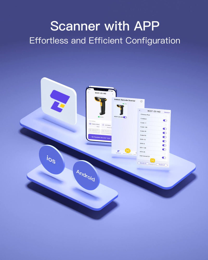 2D Bluetooth Barcode Scanner with APP/SDK Support & Hyper Long 100M Transmission Range, BCST-23 + Adjustable Stand BCST-S