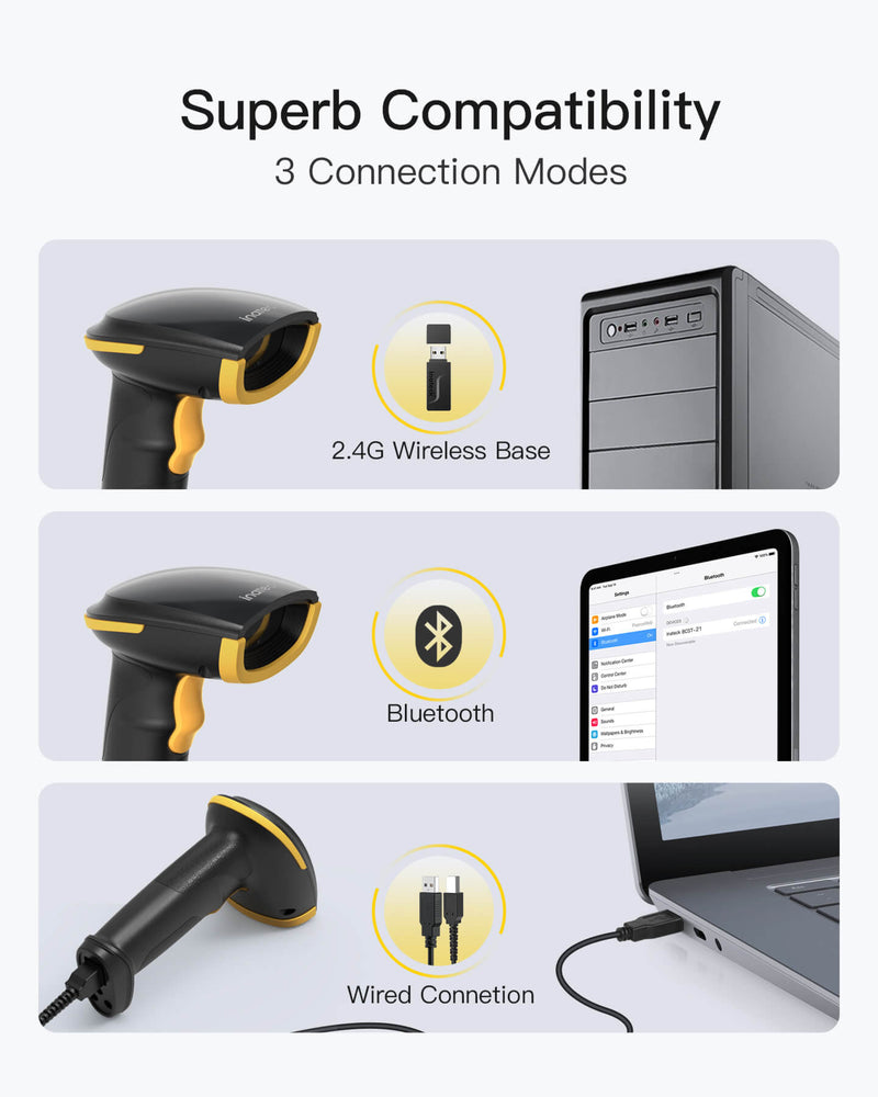 2D Bluetooth Barcode Scanner with APP/SDK Support & Hyper Long 100M Transmission Range, BCST-23 + Adjustable Stand BCST-S